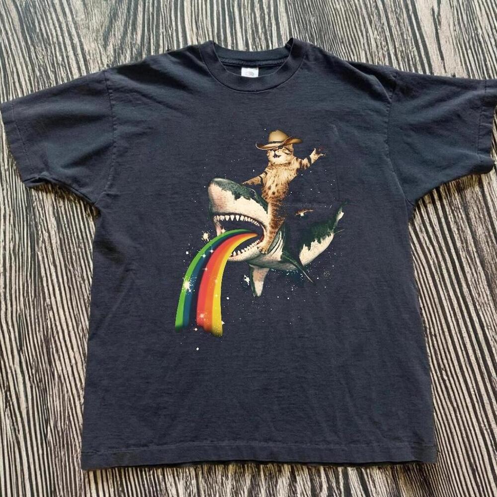 Gildan Men Black T-Shirt, Cat Riding Shark Graphic Tee